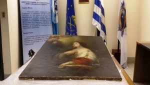 La obra en dependencias de Interpol Uruguay, pocas horas despu&eacute;s de ser incautada